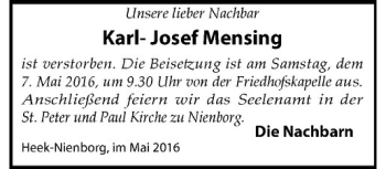 Anzeige von Karl-Josef Mensing von Westfälische Nachrichten