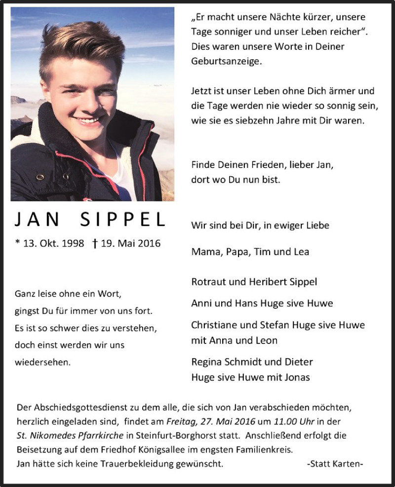  Traueranzeige für Jan Sippel vom 24.05.2016 aus Westfälische Nachrichten