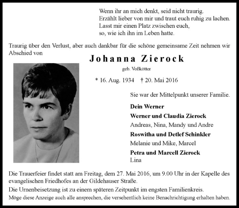  Traueranzeige für Johanna Zierock vom 25.05.2016 aus Westfälische Nachrichten