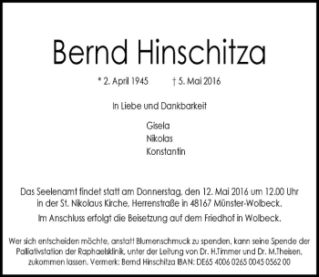 Anzeige von Bernd Hinschitza von Westfälische Nachrichten