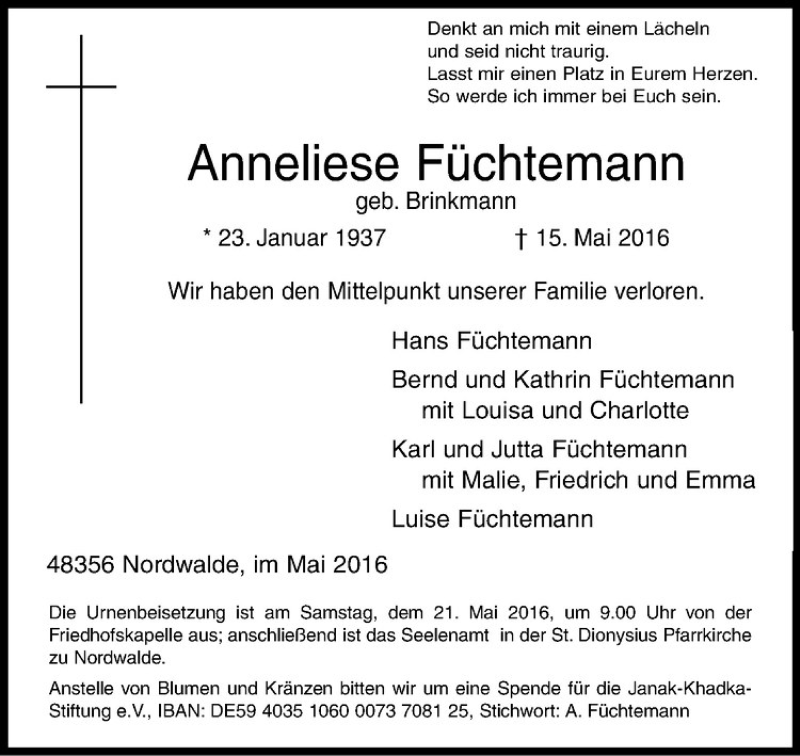  Traueranzeige für Anneliese Füchtemann vom 18.05.2016 aus Westfälische Nachrichten