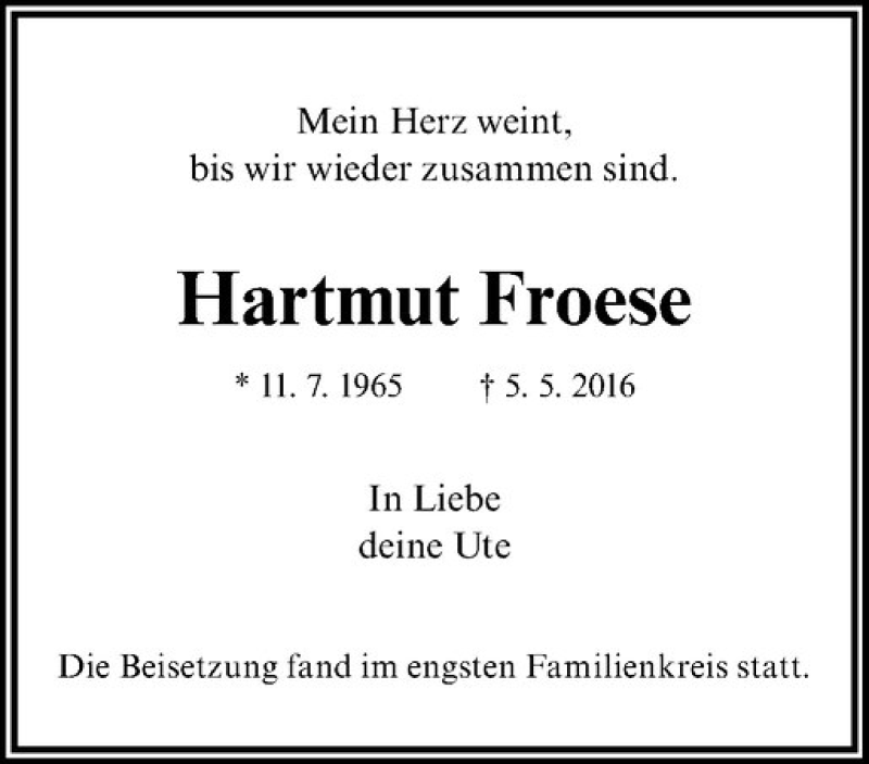  Traueranzeige für Hartmut Froese vom 28.05.2016 aus Westfälische Nachrichten