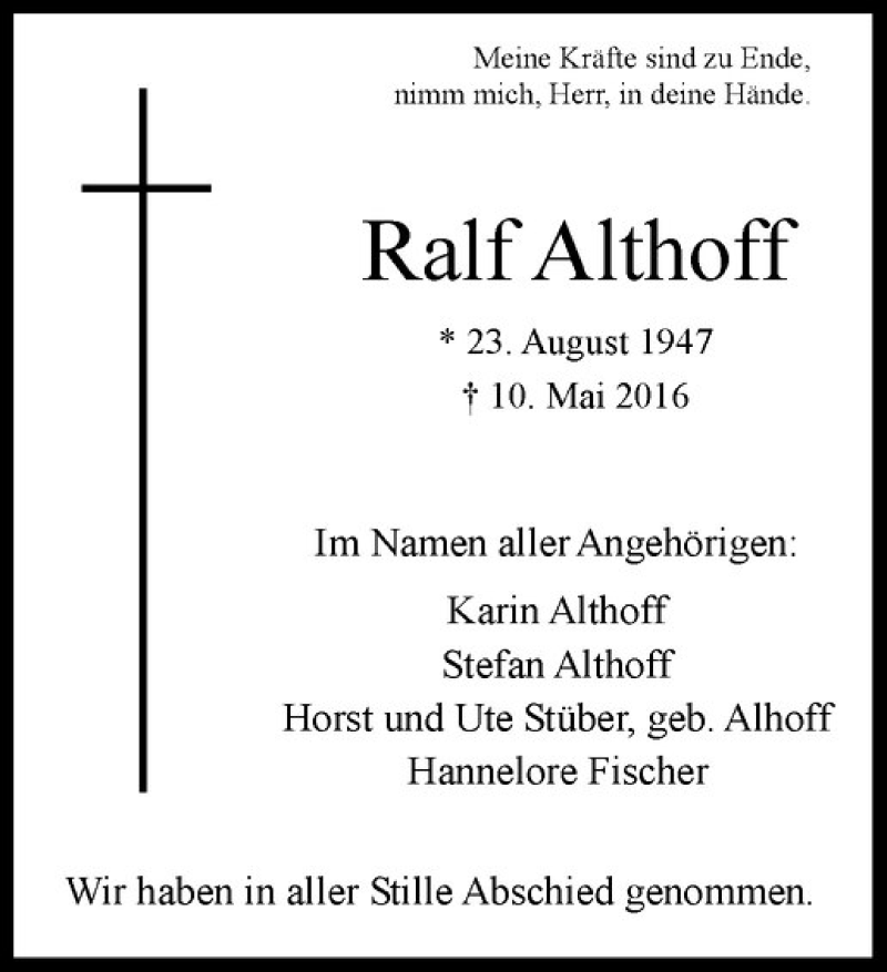  Traueranzeige für Ralf Althoff vom 14.05.2016 aus Westfälische Nachrichten
