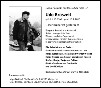 Anzeige von Udo Broszeit von Westfälische Nachrichten