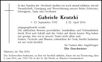 Anzeige von Gabriele Krutzki von Westfälische Nachrichten