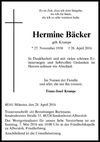 Anzeige von Hermine Bäcker von Westfälische Nachrichten