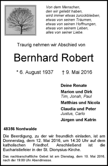 Anzeige von Bernhard Robert von Westfälische Nachrichten