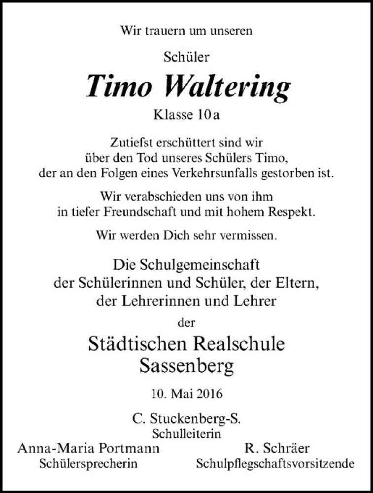  Traueranzeige für Timo Waltering vom 14.05.2016 aus Westfälische Nachrichten