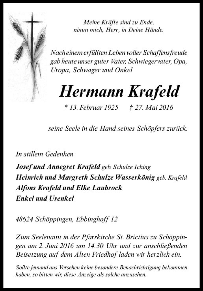 Traueranzeige für Hermann Krafeld vom 31.05.2016 aus Westfälische Nachrichten