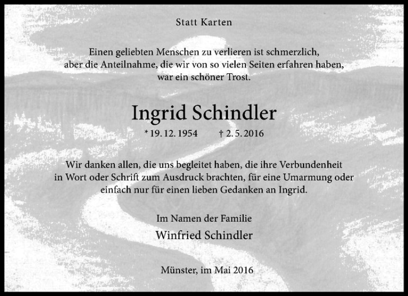  Traueranzeige für Ingrid Schindler vom 28.05.2016 aus Westfälische Nachrichten