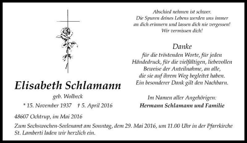  Traueranzeige für Elisabeth Schlamann vom 25.05.2016 aus Westfälische Nachrichten