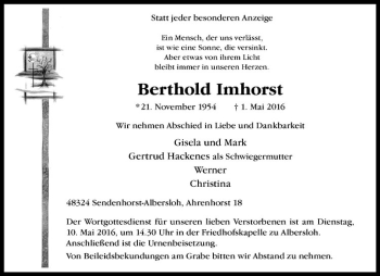 Anzeige von Berthold Imhorst von Westfälische Nachrichten