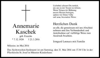 Anzeige von Annemarie Kaschek von Westfälische Nachrichten
