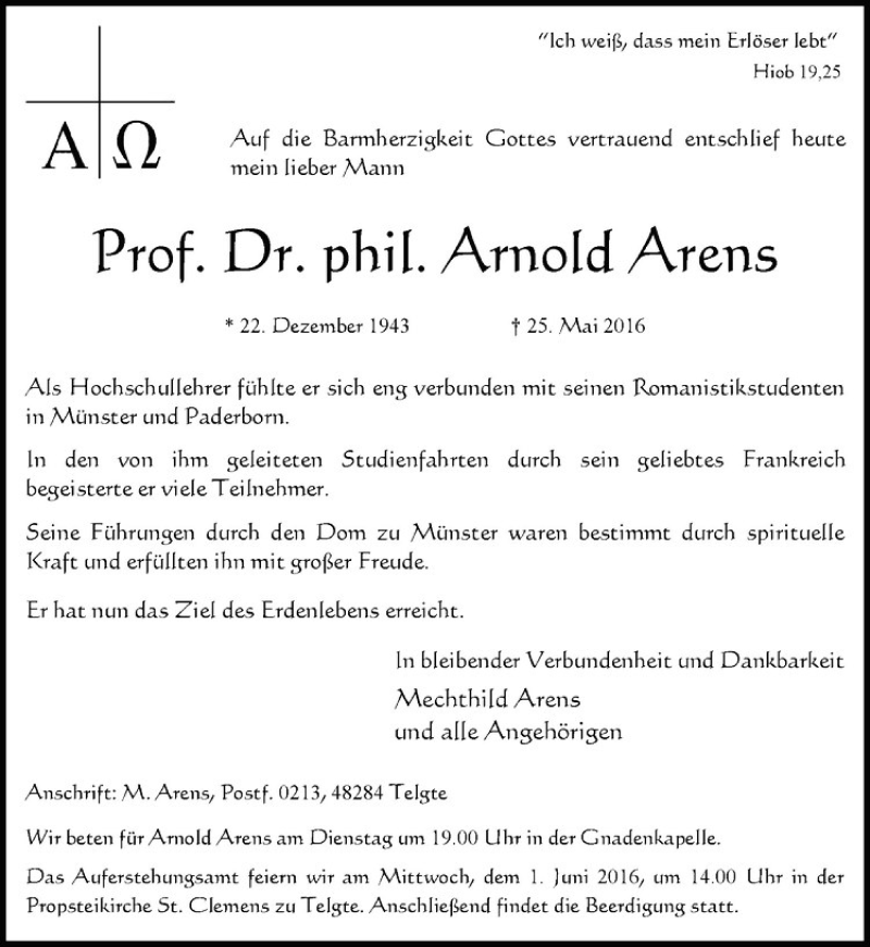  Traueranzeige für Arnold Arens vom 28.05.2016 aus Westfälische Nachrichten