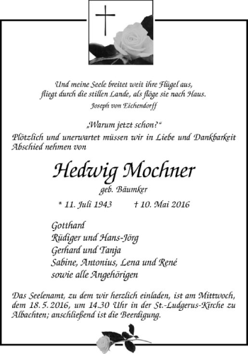 Anzeige von Hedwig Mochner von Westfälische Nachrichten