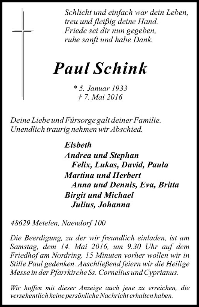  Traueranzeige für Paul Schink vom 11.05.2016 aus Westfälische Nachrichten