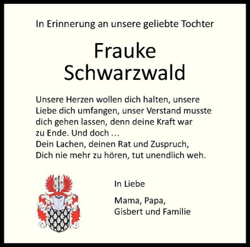  Traueranzeige für Frauke Schwarzwald vom 14.05.2016 aus Westfälische Nachrichten