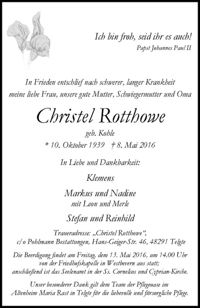  Traueranzeige für Christel Rotthow vom 11.05.2016 aus Westfälische Nachrichten