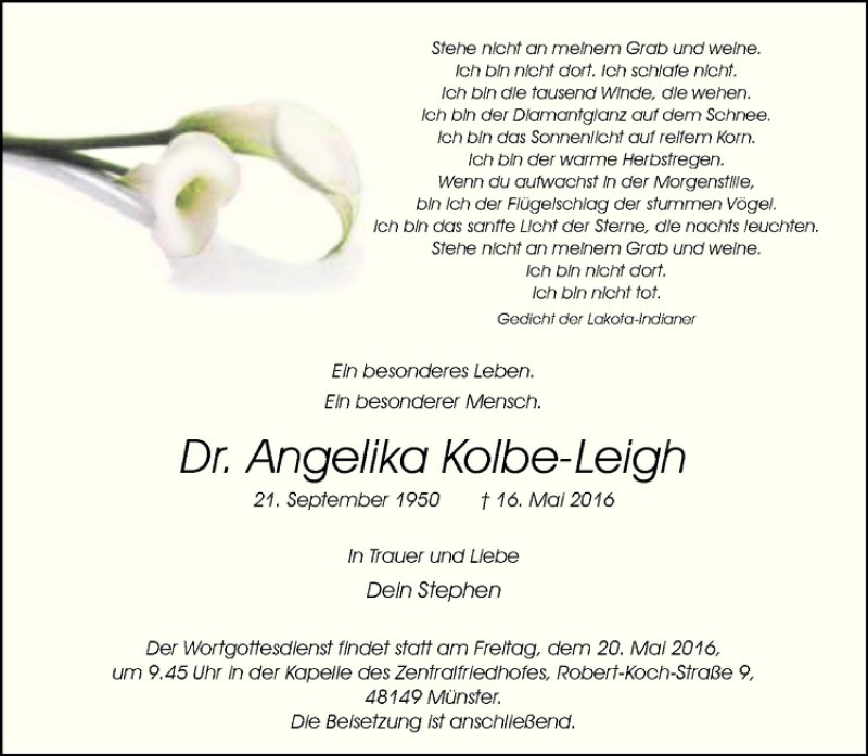  Traueranzeige für Angelika Kolbe-Leigh vom 18.05.2016 aus Westfälische Nachrichten