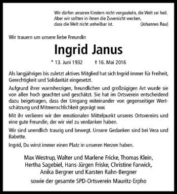 Anzeige von Ingrid Janus von Westfälische Nachrichten