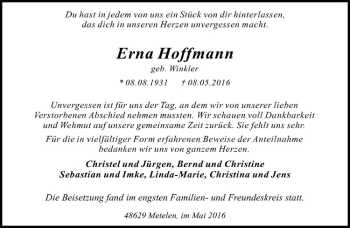 Anzeige von Erna Hoffmann von Westfälische Nachrichten