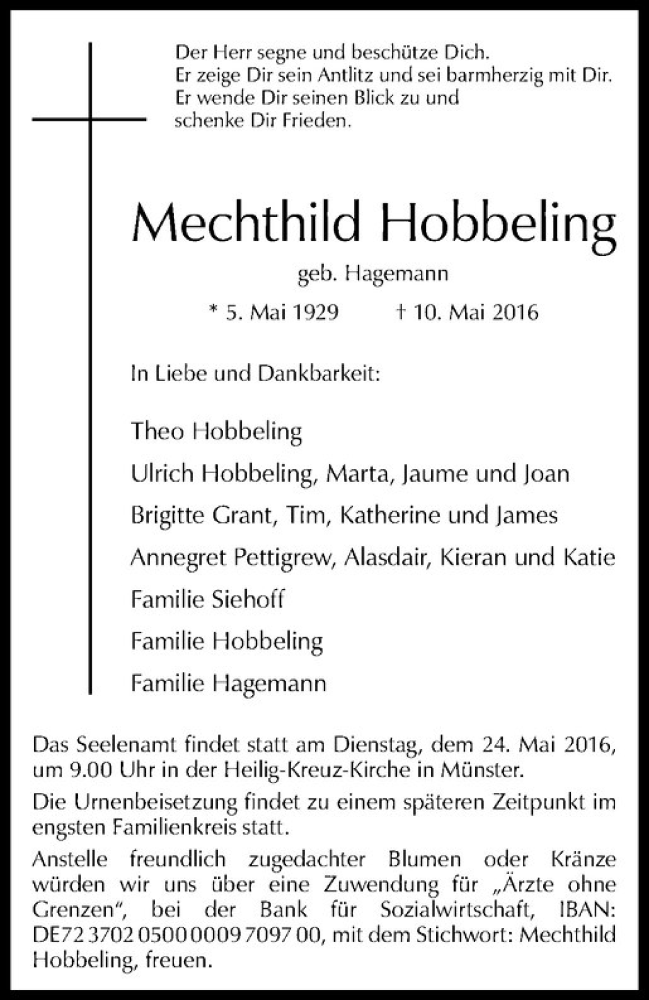  Traueranzeige für Mechthild Hobbeling vom 21.05.2016 aus Westfälische Nachrichten
