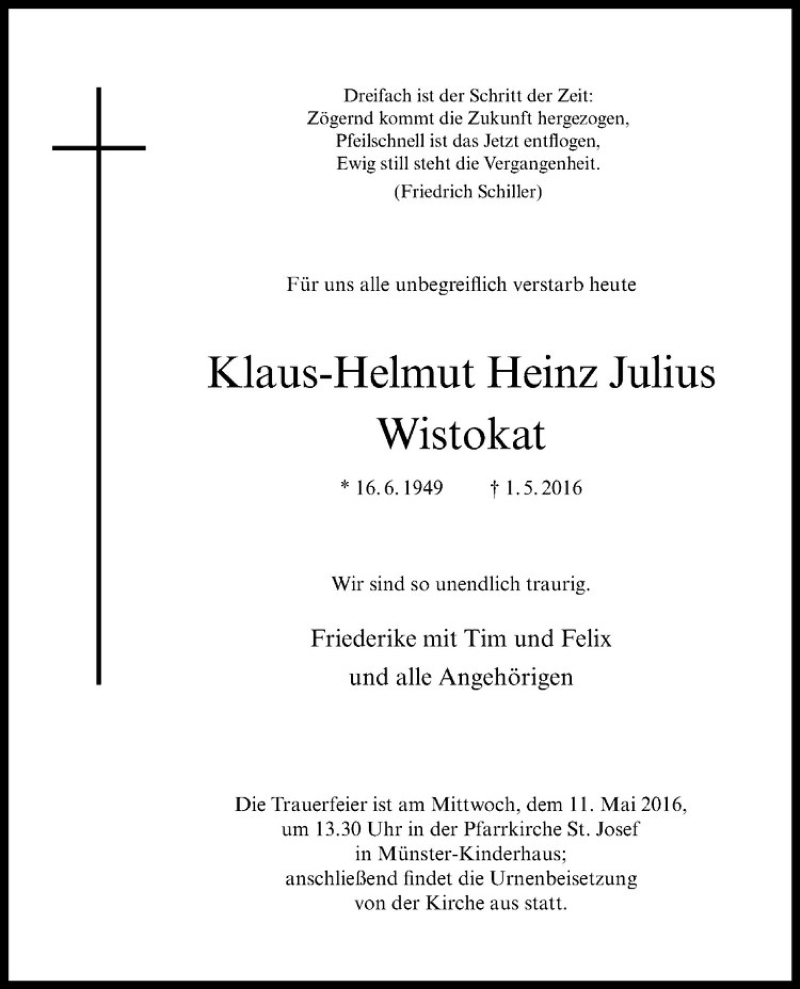  Traueranzeige für Klaus-Helmut Heinz Julius Wistokat vom 05.05.2016 aus Westfälische Nachrichten