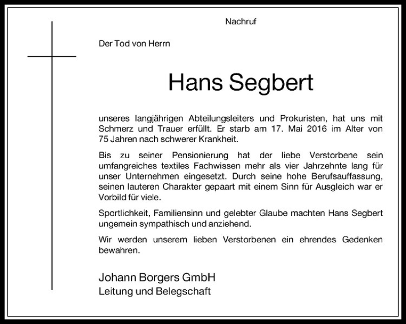  Traueranzeige für Hans Segbert vom 25.05.2016 aus Westfälische Nachrichten
