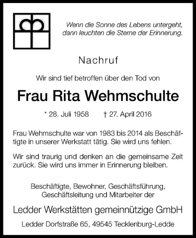  Traueranzeige für Rita Wehmschulte vom 12.05.2016 aus Westfälische Nachrichten