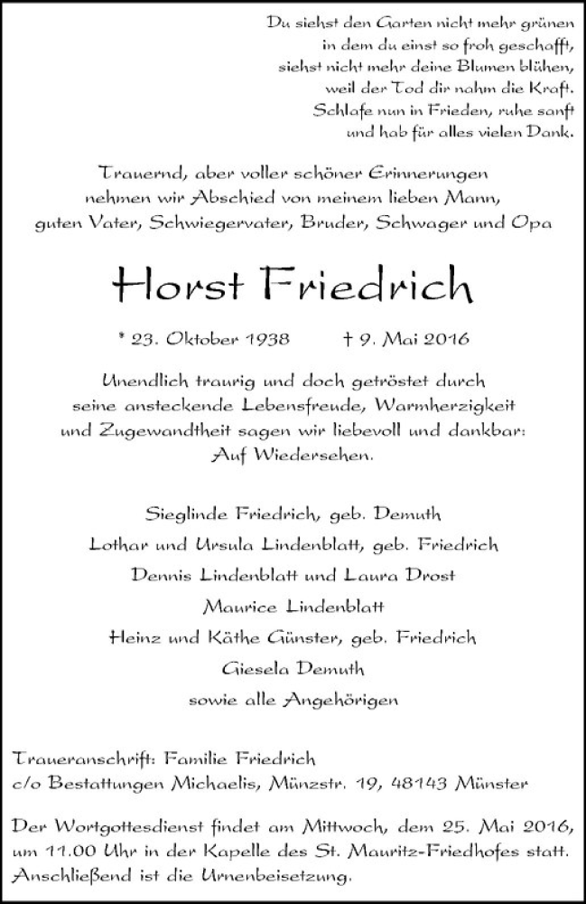  Traueranzeige für Horst Friedrich vom 21.05.2016 aus Westfälische Nachrichten