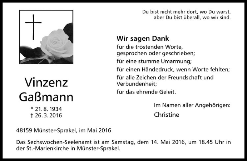  Traueranzeige für Vinzenz Gaßmann vom 07.05.2016 aus Westfälische Nachrichten