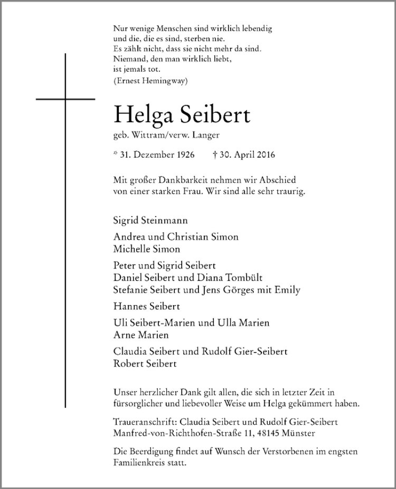  Traueranzeige für Helga Seibert vom 07.05.2016 aus Westfälische Nachrichten