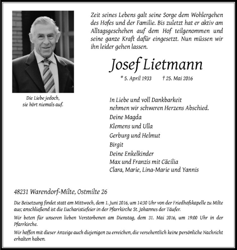  Traueranzeige für Josef Lietmann vom 28.05.2016 aus Westfälische Nachrichten