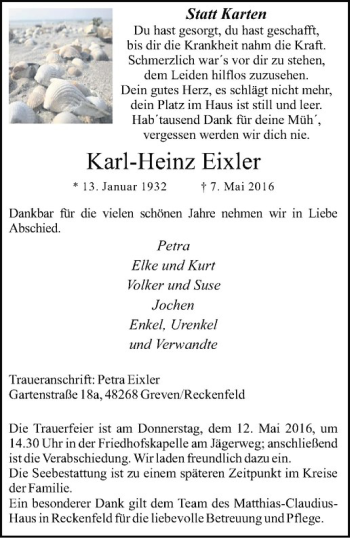 Anzeige von Karl-Heinz Eixler von Westfälische Nachrichten