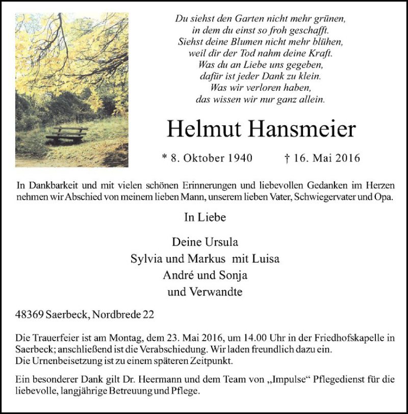  Traueranzeige für Helmut Hansmeier vom 20.05.2016 aus Westfälische Nachrichten
