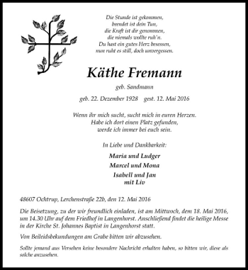 Anzeige von Käthe Fremann von Westfälische Nachrichten