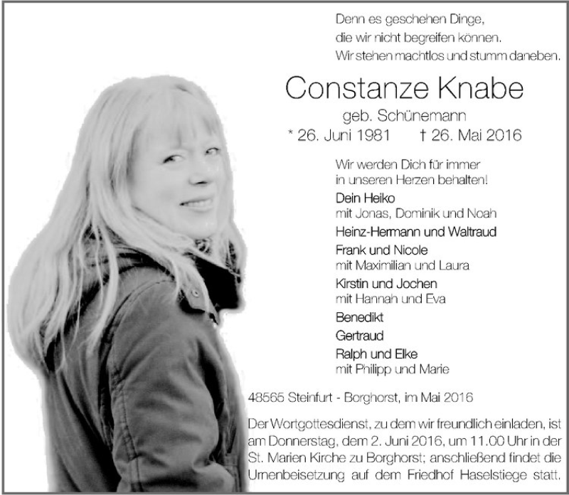  Traueranzeige für Constanze Knabe vom 30.05.2016 aus Westfälische Nachrichten