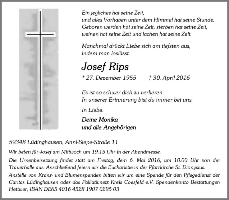  Traueranzeige für Josef Rips vom 03.05.2016 aus Westfälische Nachrichten