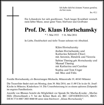 Anzeige von Klaus Hortschansky von Westfälische Nachrichten