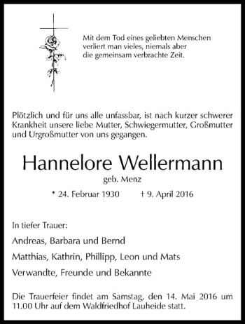 Anzeige von Hannelore Wellermann von Westfälische Nachrichten
