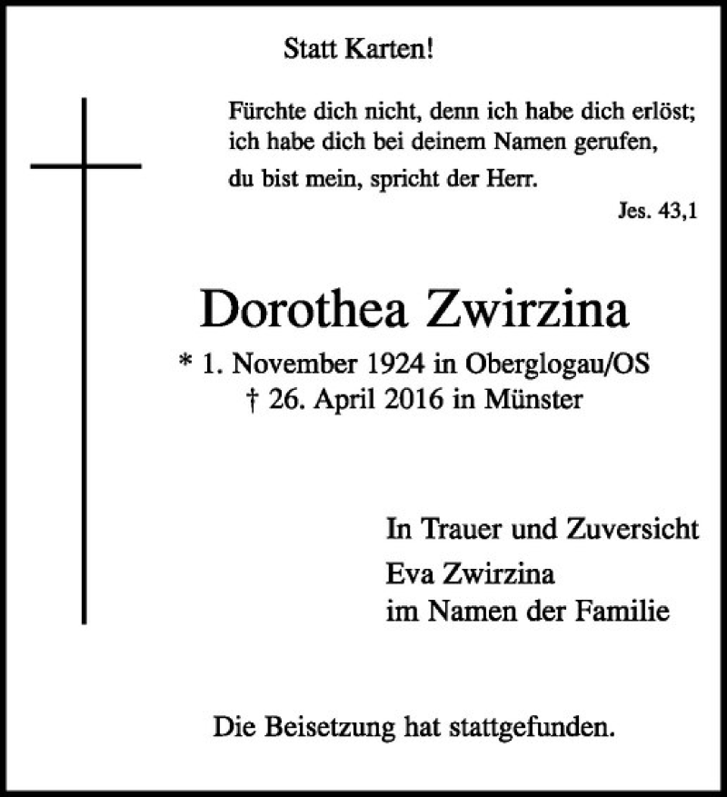  Traueranzeige für Dorothea Zwirzina vom 07.05.2016 aus Westfälische Nachrichten