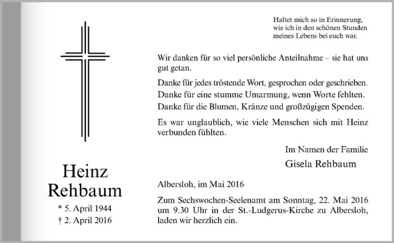  Traueranzeige für Heinz Rehbaum vom 14.05.2016 aus Westfälische Nachrichten