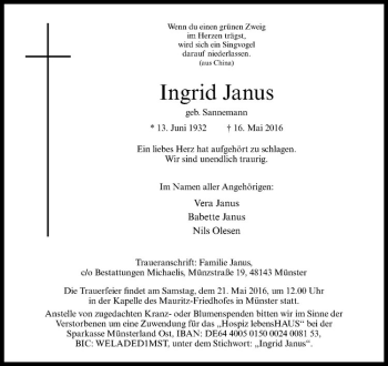 Anzeige von Ingrid Janus von Westfälische Nachrichten