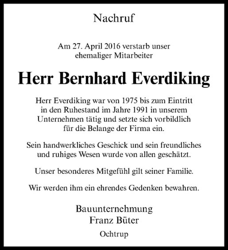  Traueranzeige für Bernhard Everdiking vom 03.05.2016 aus Westfälische Nachrichten