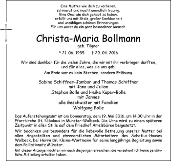 Anzeige von Christa-Maria Bollmann von Westfälische Nachrichten