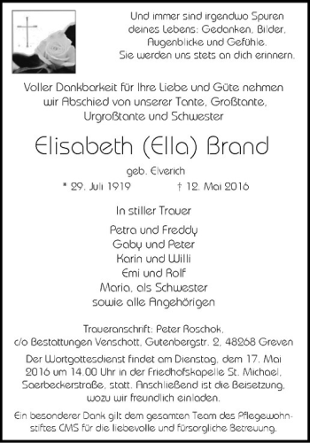 Anzeige von Elisabeth Brand von Westfälische Nachrichten