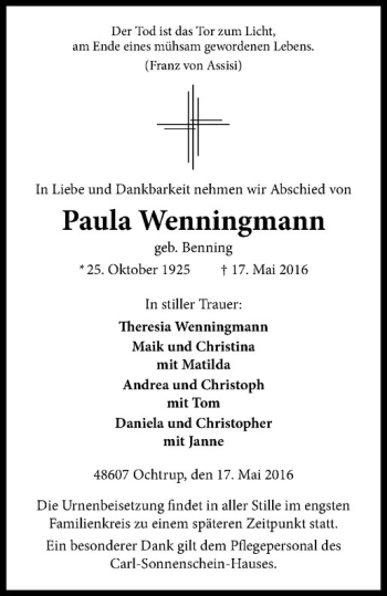 Anzeige von Paula Wenningmann von Westfälische Nachrichten