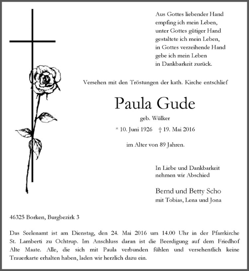  Traueranzeige für Paula Gude vom 21.05.2016 aus Westfälische Nachrichten