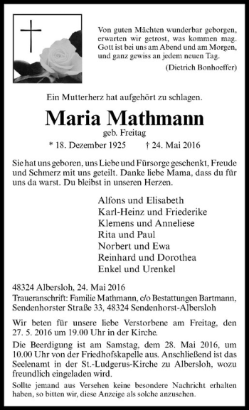 Anzeige von Maria Mathmann von Westfälische Nachrichten