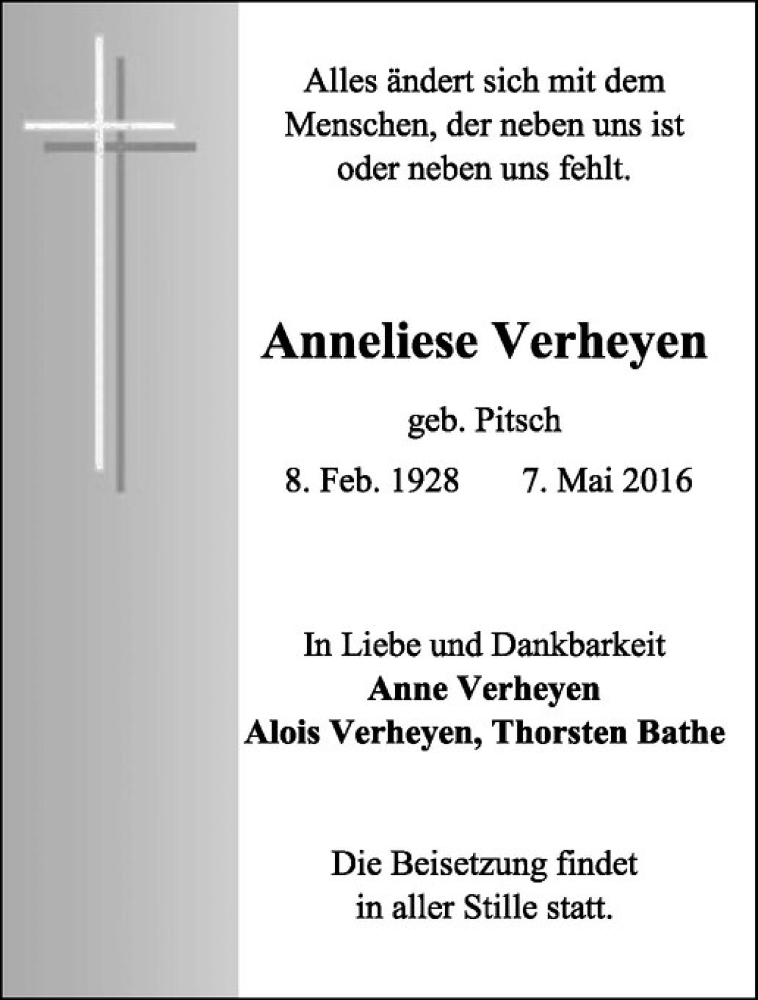  Traueranzeige für Anneliese Verheyen vom 14.05.2016 aus Westfälische Nachrichten